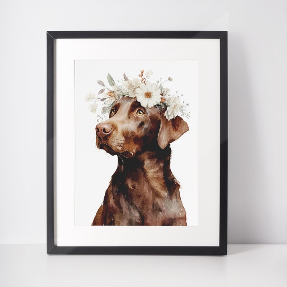 Watercolor Labrador Retriever with Flower Crown Portrait Wall Art Print Unframed - Picture 3 of 7